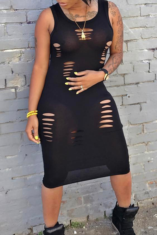 Lovely Casual Round Neck Broken Holes Black Polyester Sheath Mid Calf Dress
Lovely Casual Round Neck Broken Holes Black Polyester Sheath Mid Calf Dress
