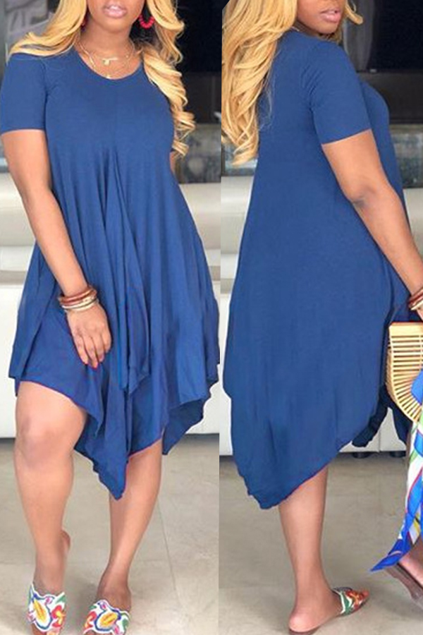 Lovely Casual Asymmetrical Navy Blue Mini Dress(With Elastic)