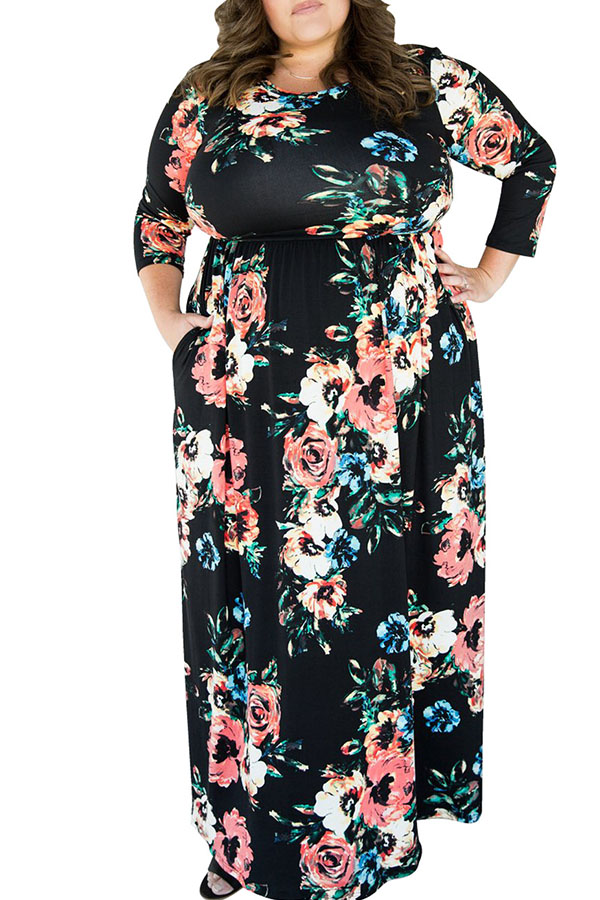 Lovely Casual O Neck Printed Black Floor Length Plus Size Dress