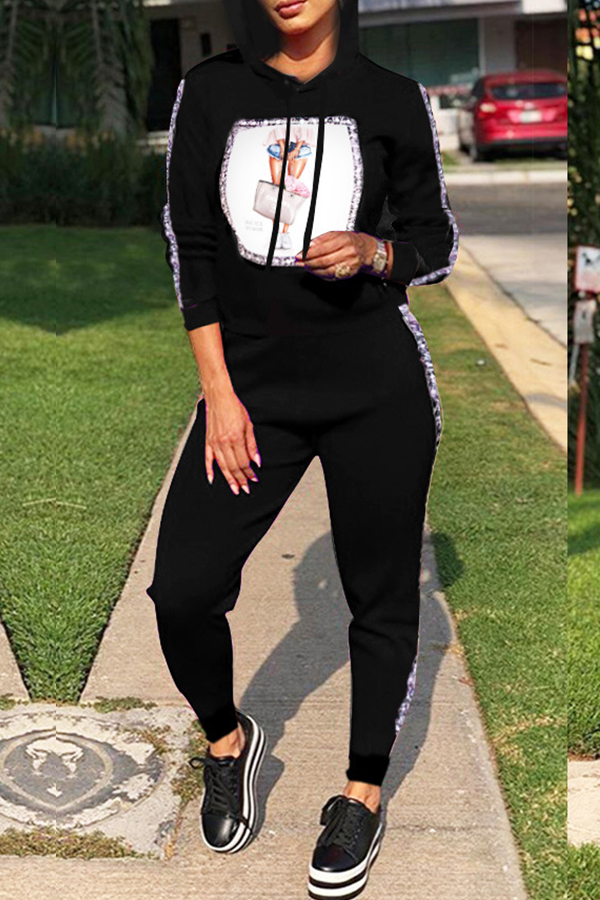 Lovely Casual Hooded Collar Print Black Two-piece Pants Set 
Lovely Casual Hooded Collar Print Black Two-piece Pants Set