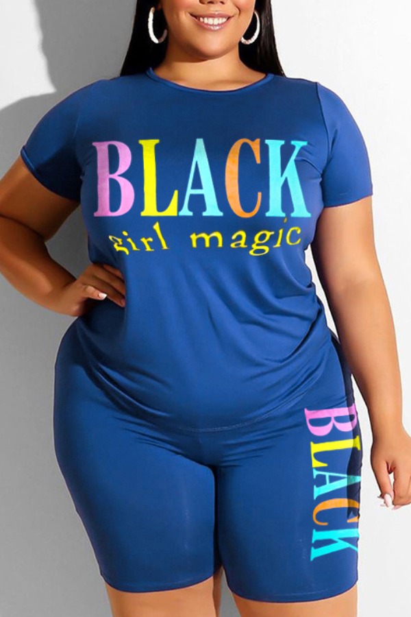 Lovely Casual Letter Print Blue Plus Size Two-piece Shorts Set