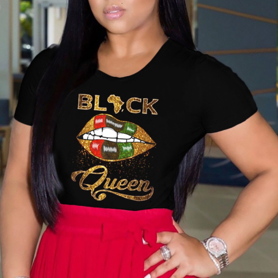 lovely Casual O Neck Lip Print Black T-shirt