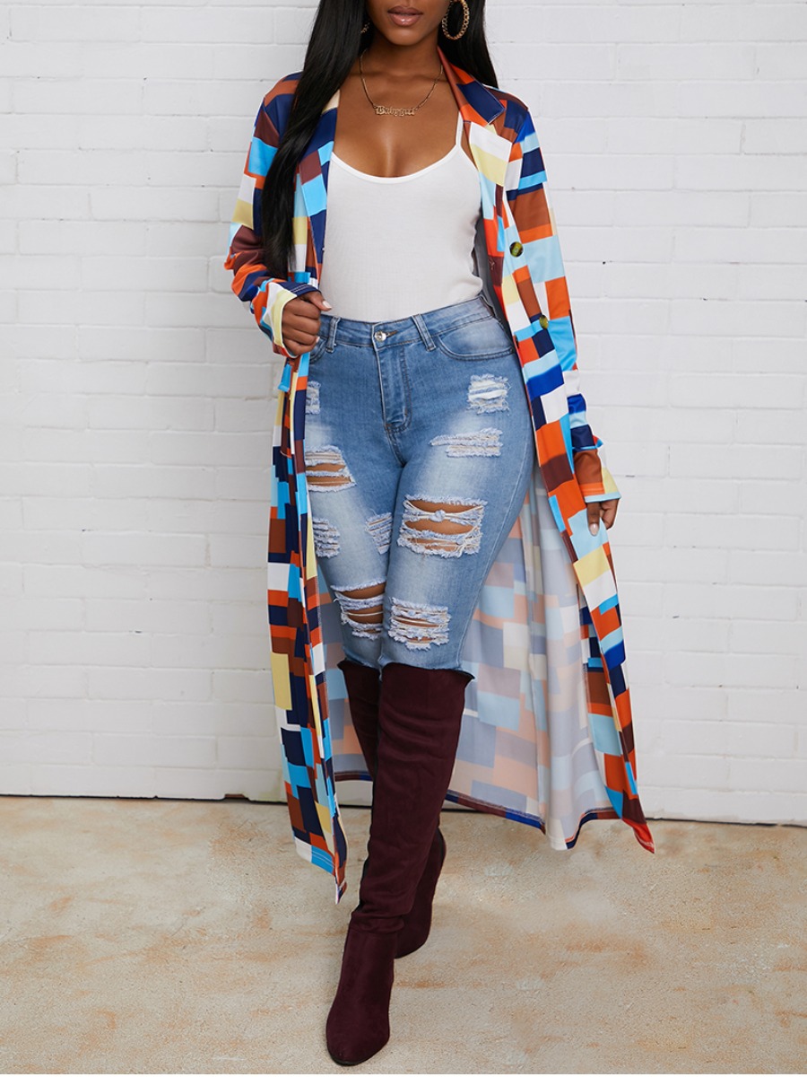 Lovely Trendy Turn-back Collar Grid Print Multicolor Long Trench Coat, Multi
Lovely Trendy Turn-back Collar Grid Print Multicolor Long Trench Coat, Multi
