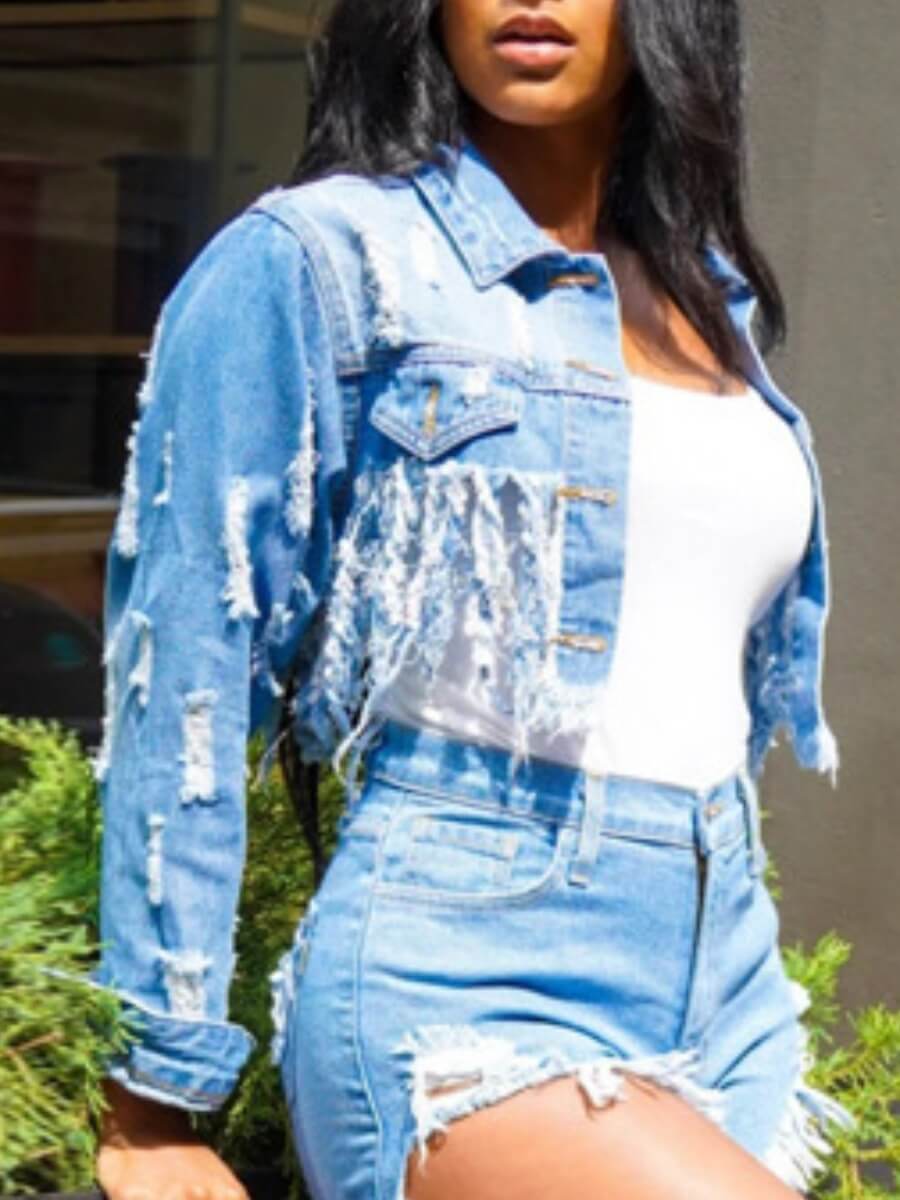 Lovely Street Turndown Collar Broken Holes Tassel Design Baby Blue Denim Jacket
Lovely Street Turndown Collar Broken Holes Tassel Design Baby Blue Denim Jacket