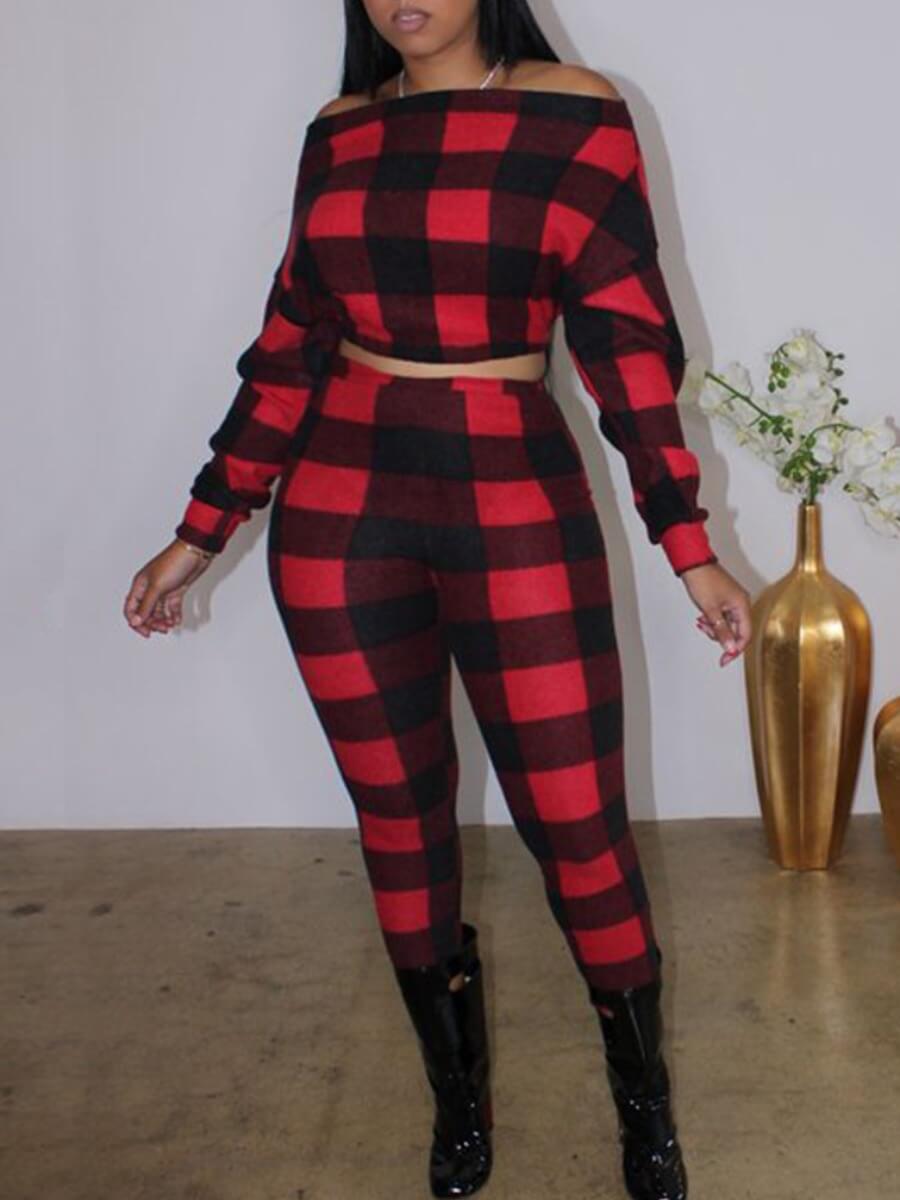 Lovely Stylish Dew Shoulder Grid Print Red Two Piece Pants Set 
Lovely Stylish Dew Shoulder Grid Print Red Two Piece Pants Set