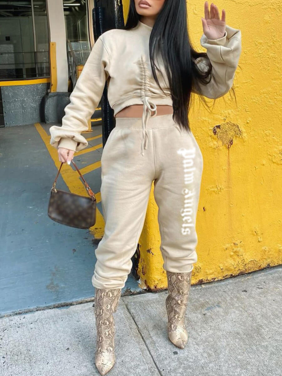 Lovely Sportswear Half A Turtleneck Letter Drawstring Beige Two Piece Pants Set
Lovely Sportswear Half A Turtleneck Letter Drawstring Beige Two Piece Pants Set