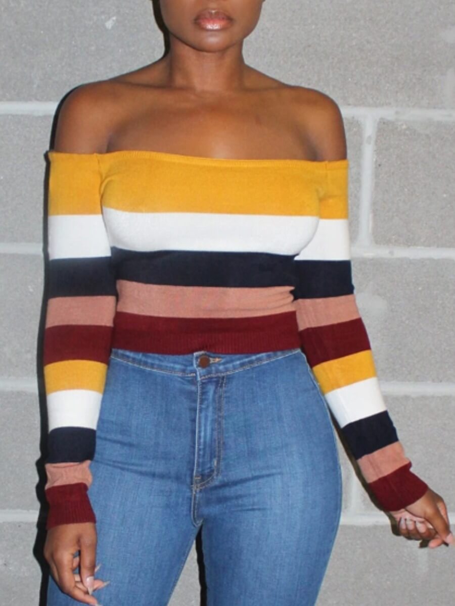 LW Casual Off The Shoulder Striped Patchwork Multicolor T-shirt, Multicolor stripe
LW Casual Off The Shoulder Striped Patchwork Multicolor T-shirt, Multicolor stripe