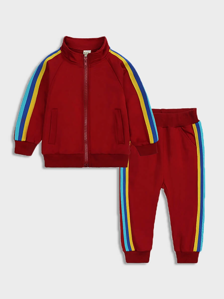 Lovely Sportswear Mandarin Collar Rainbow Striped Patchwork Dull Red Boy Two-piece Pants Set
Lovely Sportswear Mandarin Collar Rainbow Striped Patchwork Dull Red Boy Two-piece Pants Set