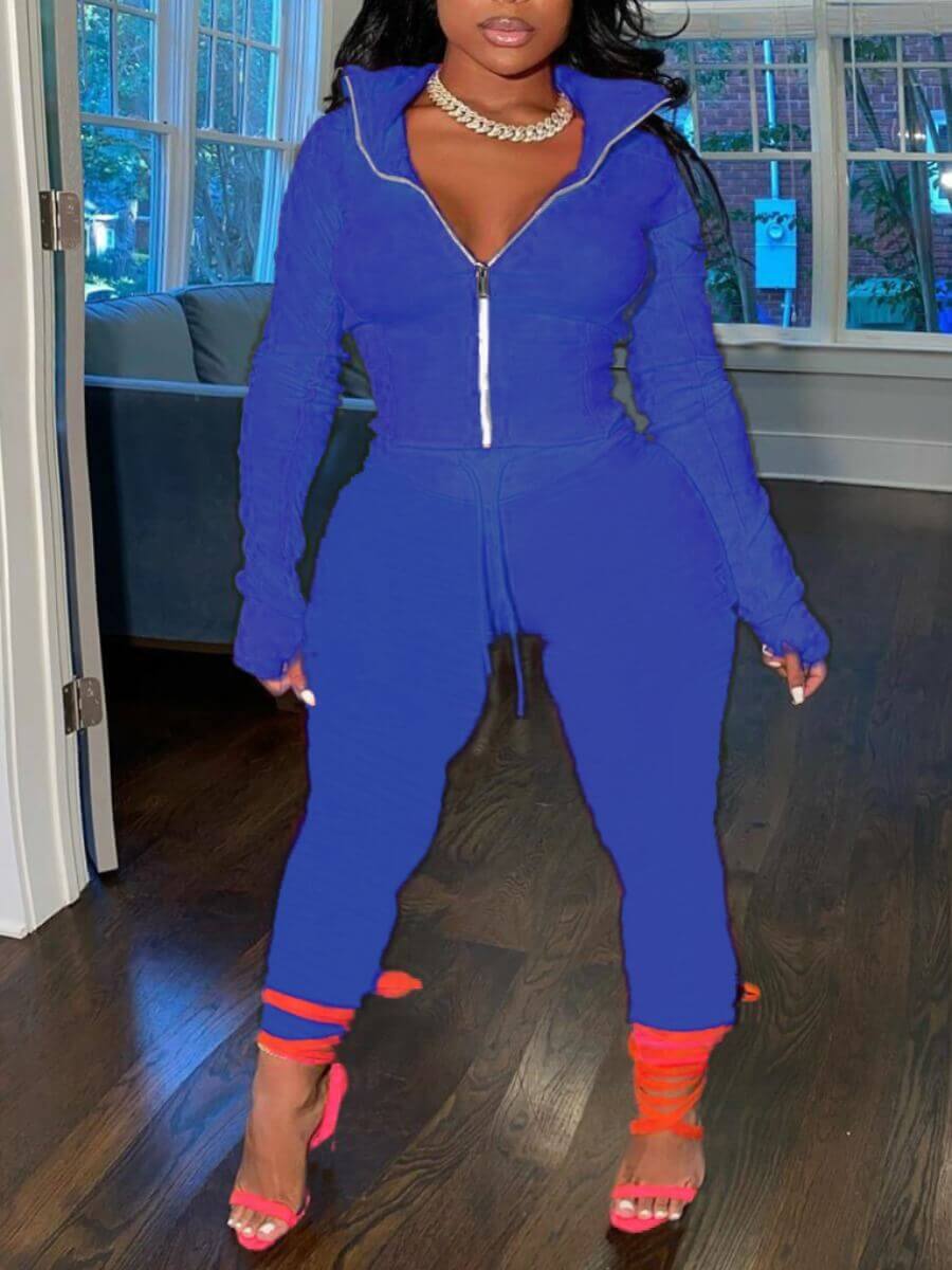Lovely Sportswear Turndown Collar Zipper Design Deep Blue Two Piece Pants Set
Lovely Sportswear Turndown Collar Zipper Design Deep Blue Two Piece Pants Set