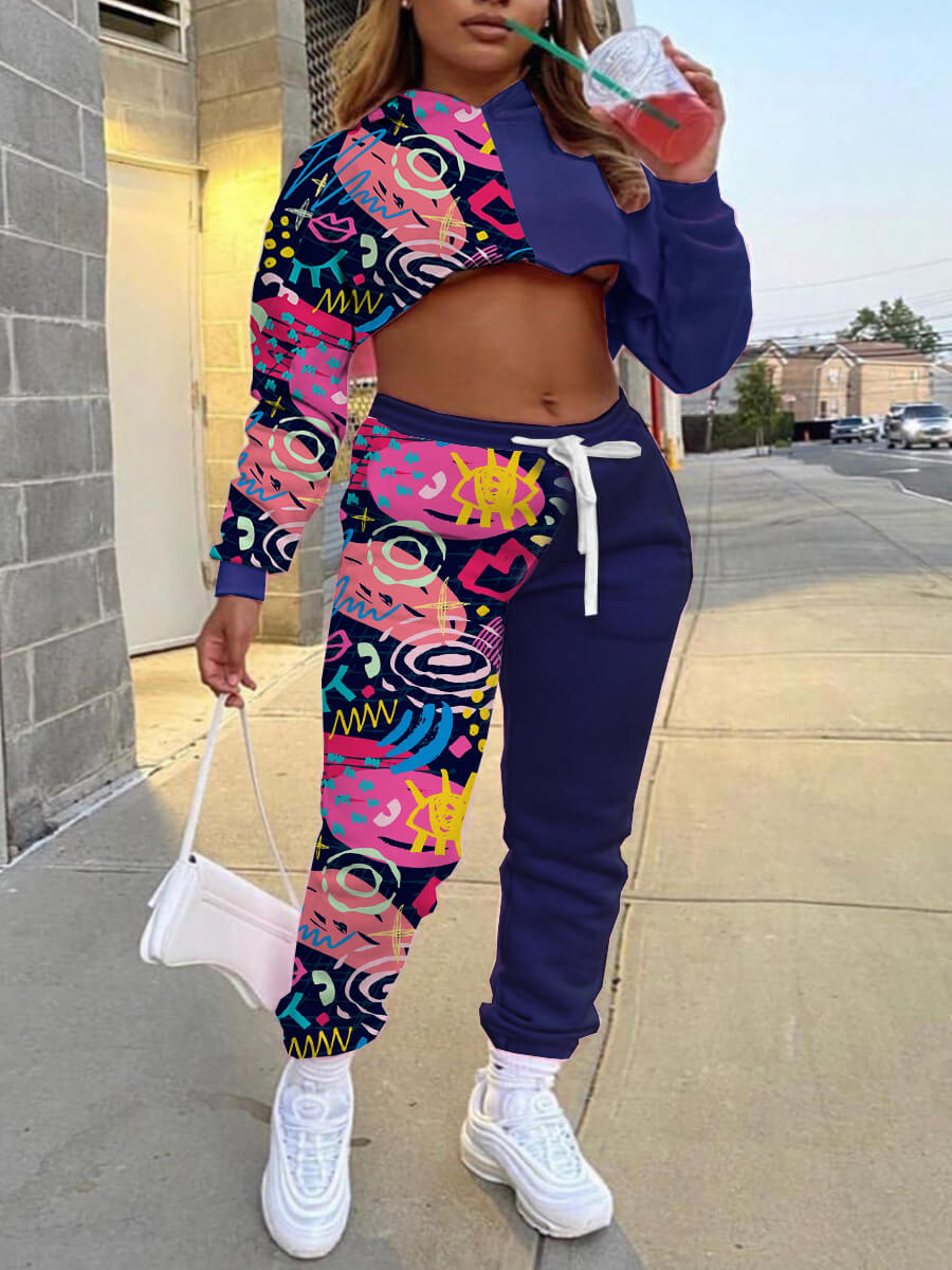 Lovely Street Print Drawstring Crop Top Dark Blue Two Piece Pants Set
Lovely Street Print Drawstring Crop Top Dark Blue Two Piece Pants Set