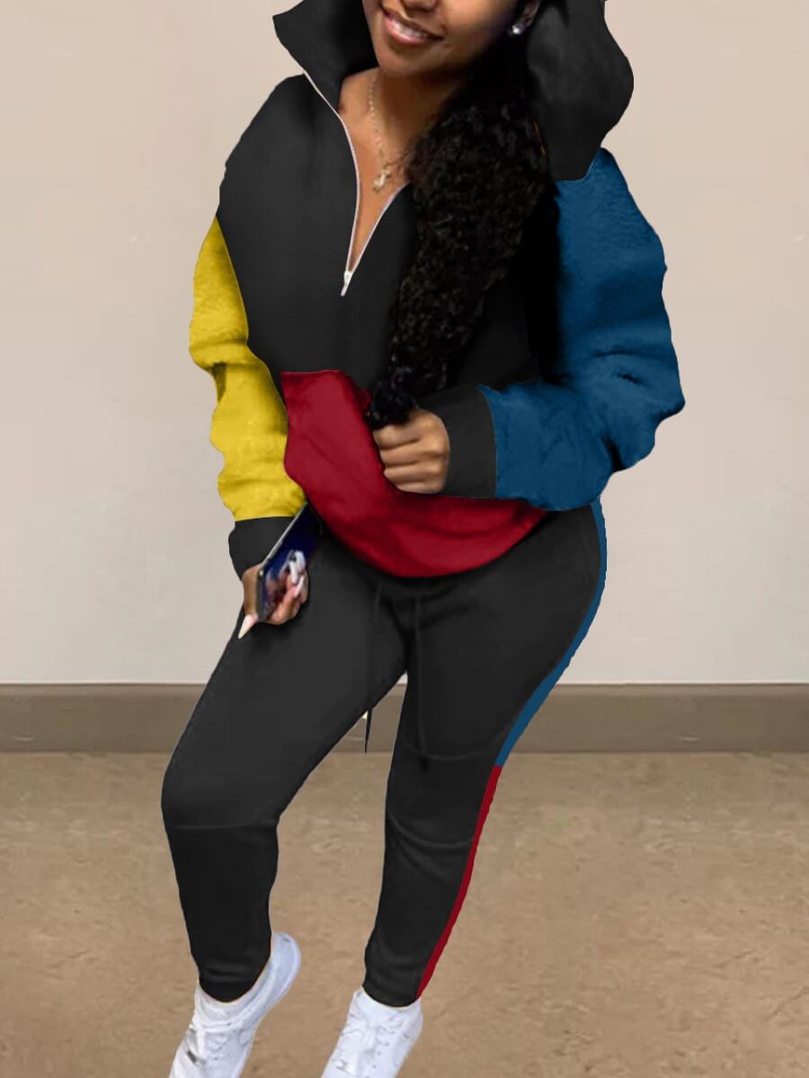 Lovely Trendy Hooded Collar Color-lump Patchwork Black Two Piece Pants Set
Lovely Trendy Hooded Collar Color-lump Patchwork Black Two Piece Pants Set