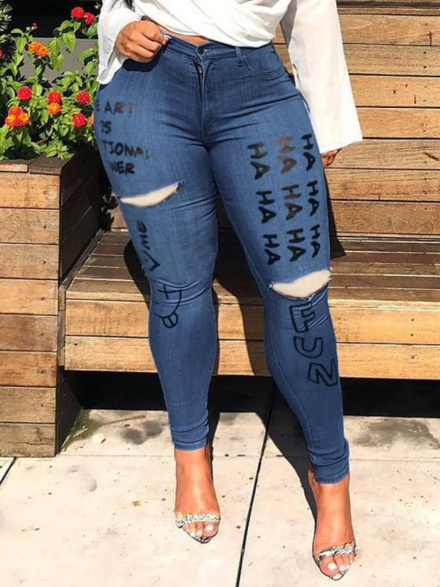 Lovely Trendy High-waisted Letter Print Broken Holes Deep Blue Plus Size Jeans
Lovely Trendy High-waisted Letter Print Broken Holes Deep Blue Plus Size Jeans