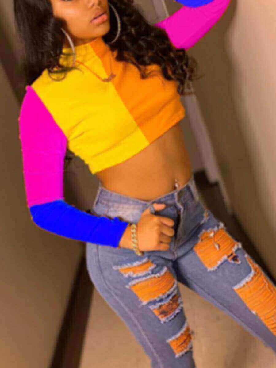 Lovely Casual Half A Turtleneck Color-lump Patchwork Multicolor T-shirt, Multi
Lovely Casual Half A Turtleneck Color-lump Patchwork Multicolor T-shirt, Multi