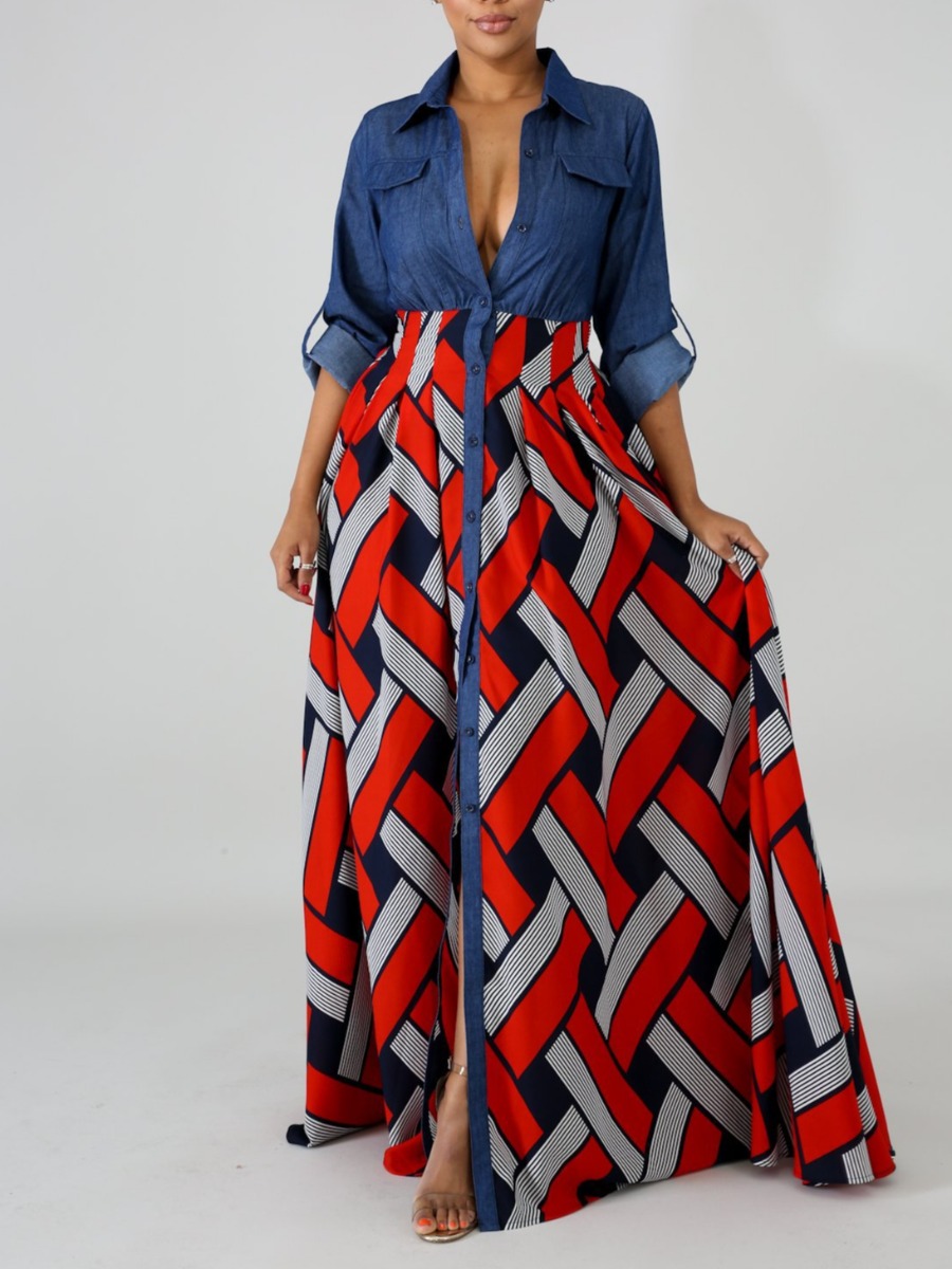 Lovely Casual Turndown Collar Geometric Print Patchwork Red Floor Length Denim Dress
Lovely Casual Turndown Collar Geometric Print Patchwork Red Floor Length Denim Dress