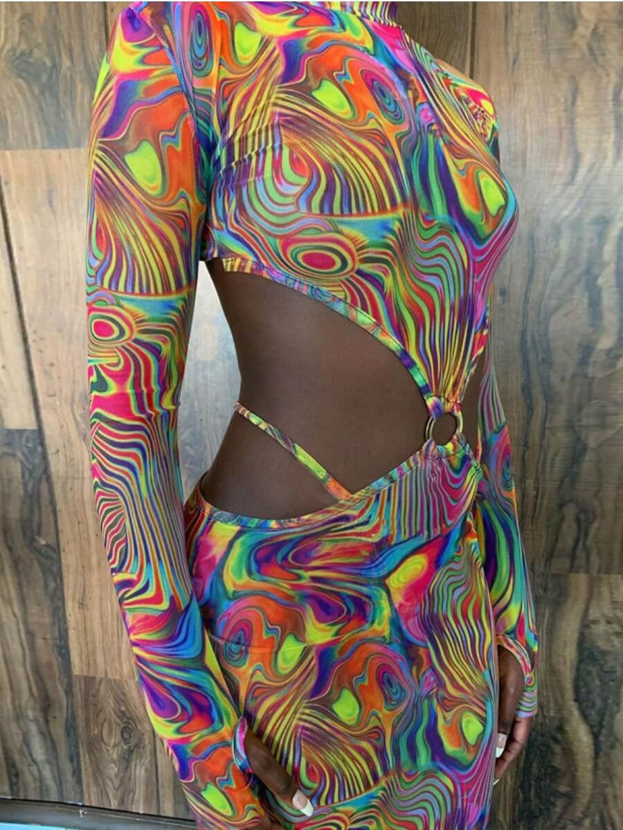 Lovely Street Hollow-out Print Metal Ring Decoration Multicolor Mini Dress, Multi
Lovely Street Hollow-out Print Metal Ring Decoration Multicolor Mini Dress, Multi
