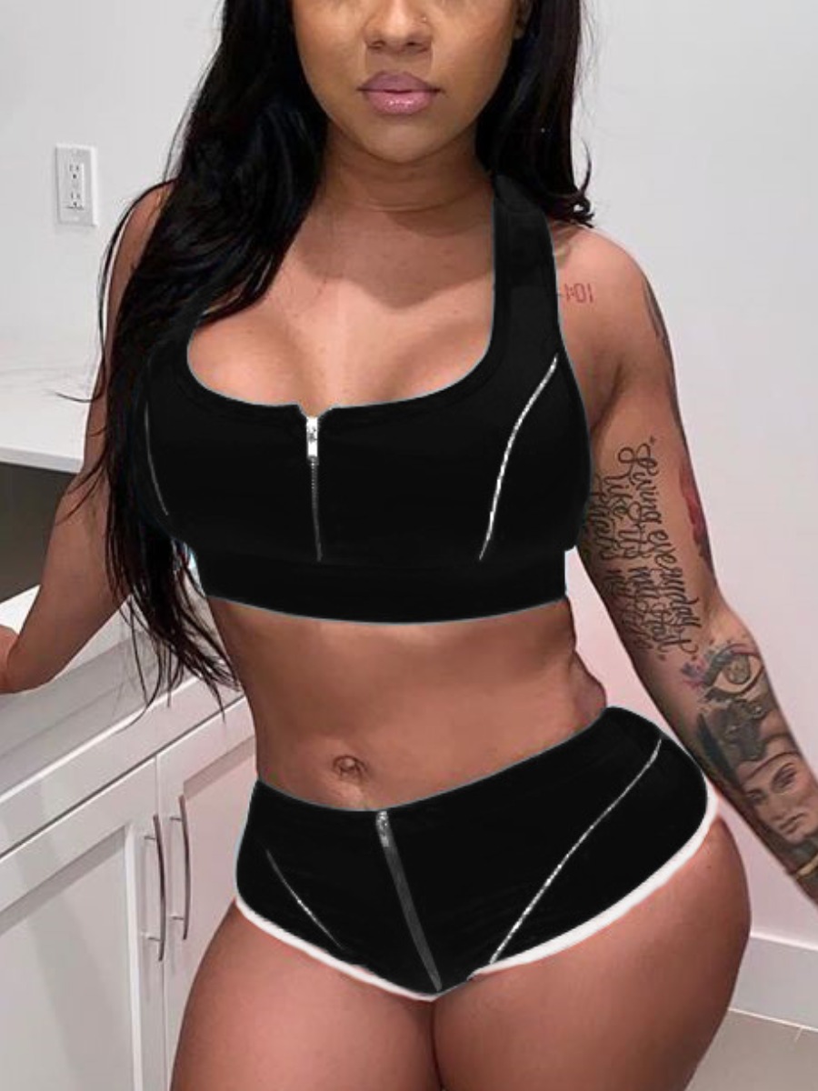Lovely Sporty U Neck Striped Zipper Design Black Two Piece Shorts Set
Lovely Sporty U Neck Striped Zipper Design Black Two Piece Shorts Set