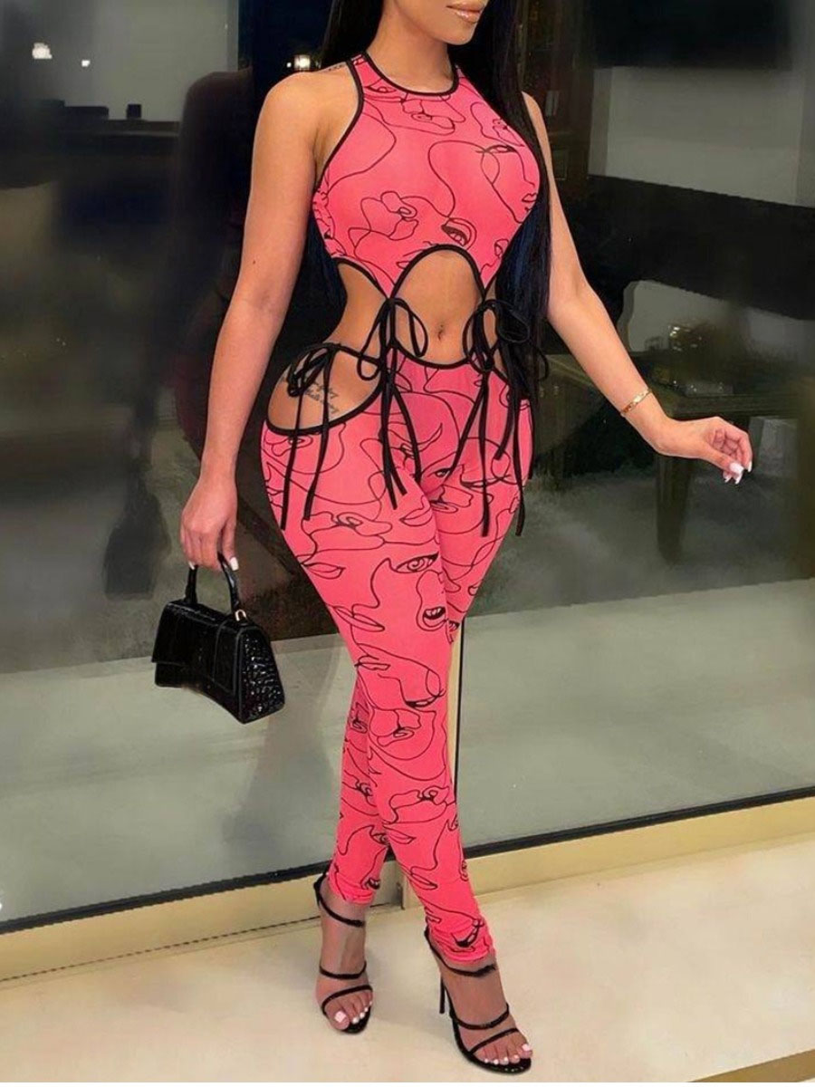 Lovely Street Bandage Hollow-out Design Graffiti Print Red One-piece Jumpsuit
Lovely Street Bandage Hollow-out Design Graffiti Print Red One-piece Jumpsuit