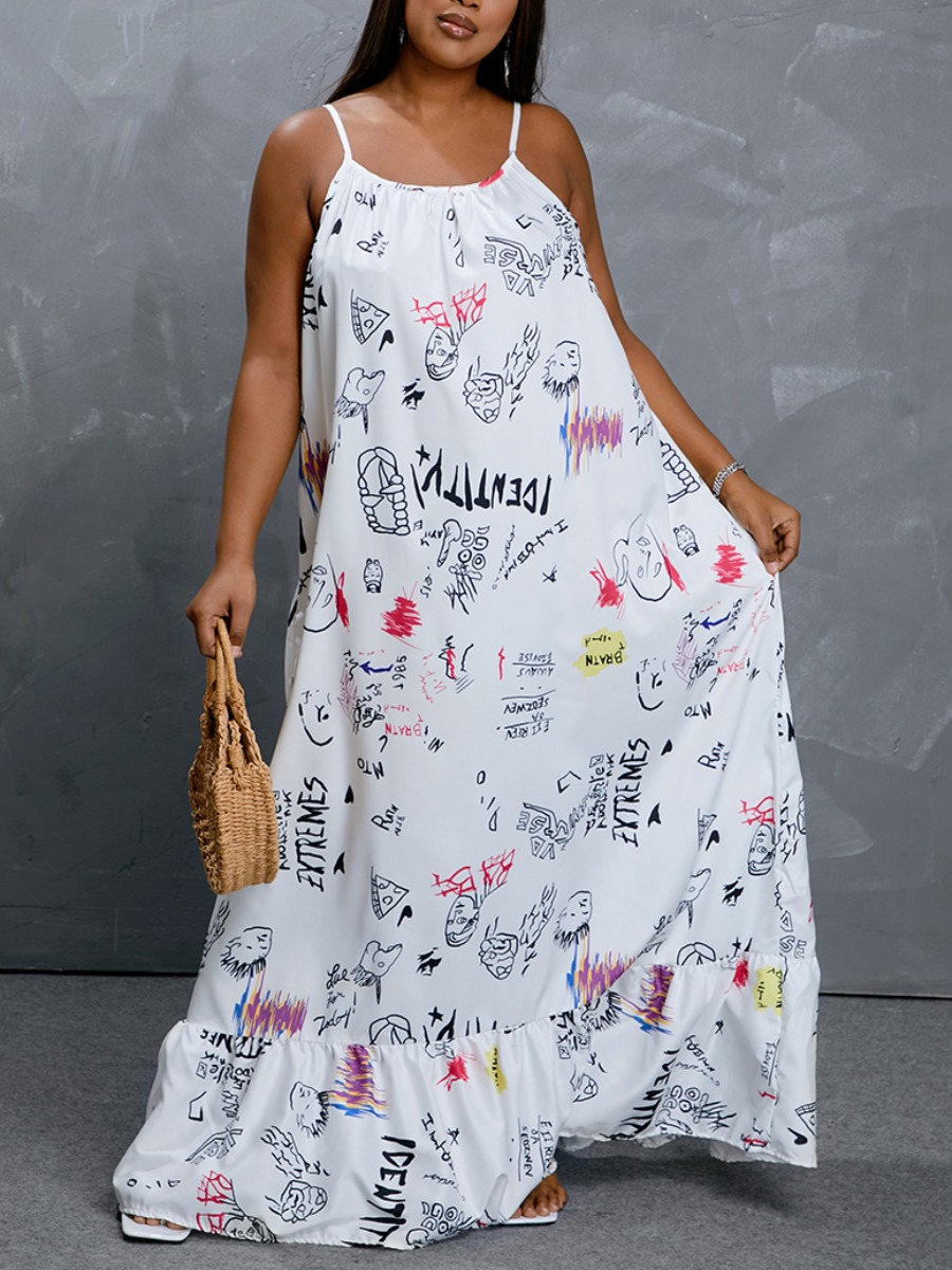 Lovely Plus Size Boho Graffiti Print Flounce Design White Floor Length Dress
Lovely Plus Size Boho Graffiti Print Flounce Design White Floor Length Dress