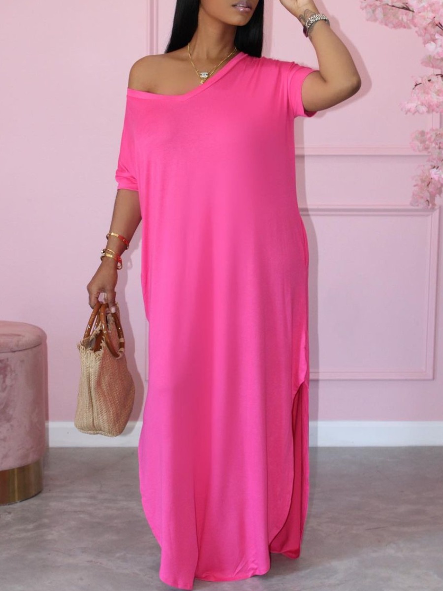 Lovely Casual V Neck Split Rose Red Floor Length Dress 
Lovely Casual V Neck Split Rose Red Floor Length Dress