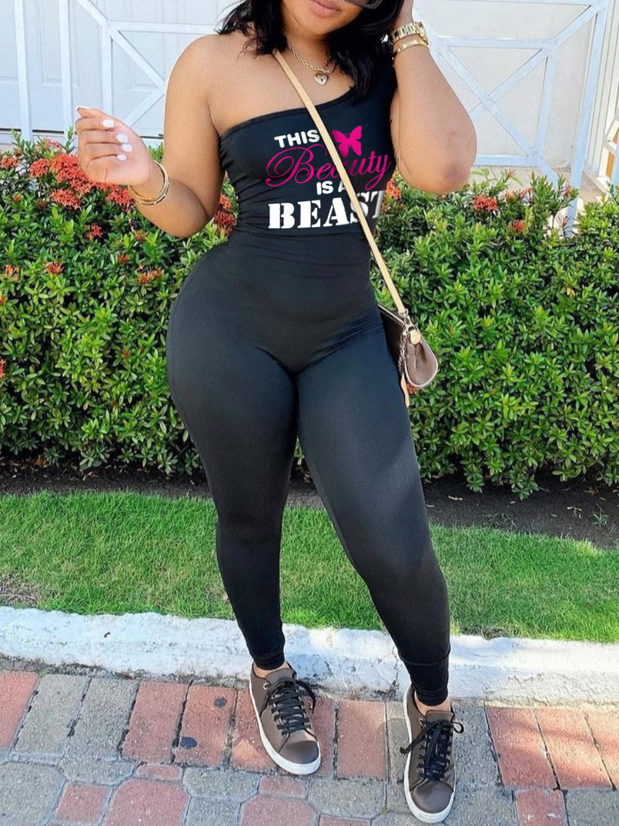 Lovely Casual One Shoulder Letter Print Black One-piece Jumpsuit
Lovely Casual One Shoulder Letter Print Black One-piece Jumpsuit