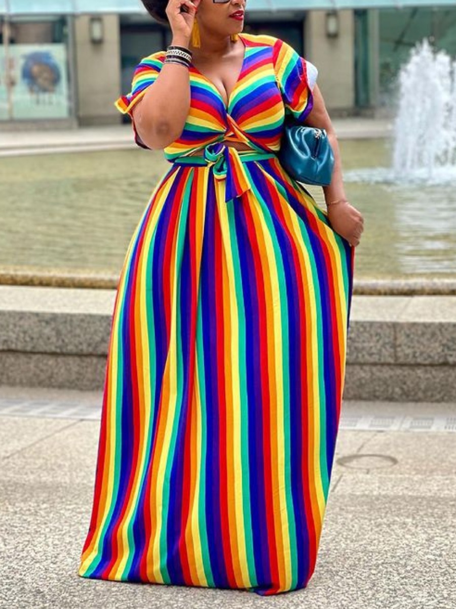 Lovely Plus Size Boho Rainbow Striped Bandage Design Multicolor Two-piece Skirt Set, Multi
Lovely Plus Size Boho Rainbow Striped Bandage Design Multicolor Two-piece Skirt Set, Multi