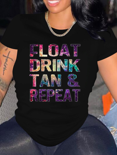 Lovely Plus Size Casual Round Neck Letter Print Black T-shirt