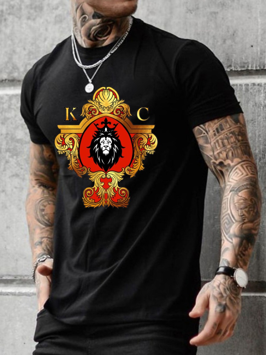 LW Men Letter Print Patchwork T-shirt, Black