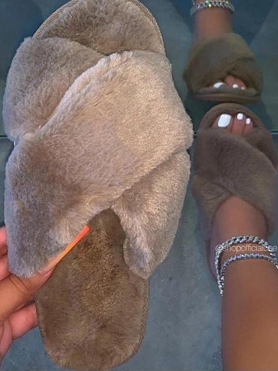 LW Cross Strap Plush Slippers, Light tan