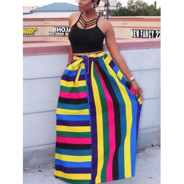Stylish High Waist Striped Polyester Ankle Length Skirts Stylish High Waist Striped Polyester Ankle Length Skirts<br>