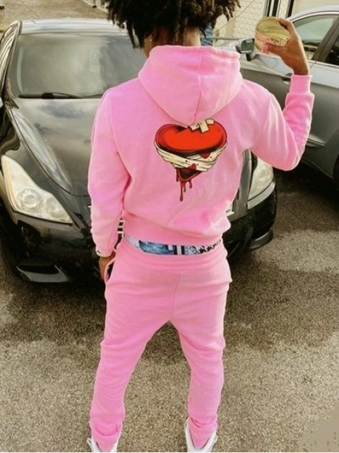 LW Men Heart Letter Print Kangaroo Pocket Tracksuit Set