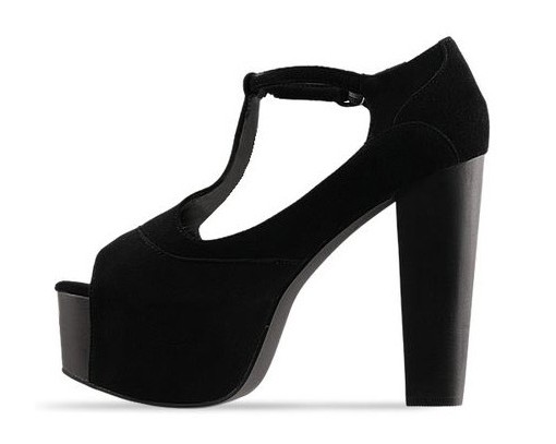 Fashion T Strap Chunky High Heels Platform Black PU Sandals