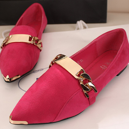 All Matched Pointed Closed Toe Buckle Embellished Flat Low Heel Red ...