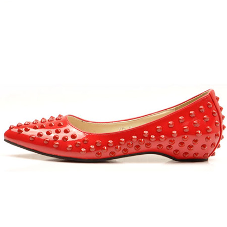 Latest Pointed Closed Toe Rivet Embellished Flat Low Heel Red PU Flats ...