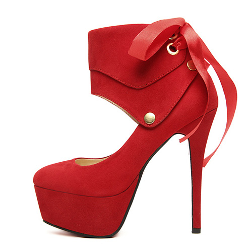 Fashion Round Closed Toe Super High Stiletto Red Suede Ankle Wrap Pumps ...