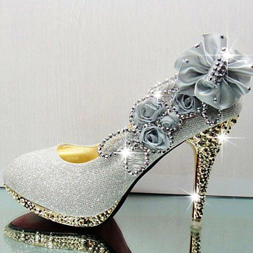 Cheap Silver Pumps Sexy Diamond Embellished Round Closed