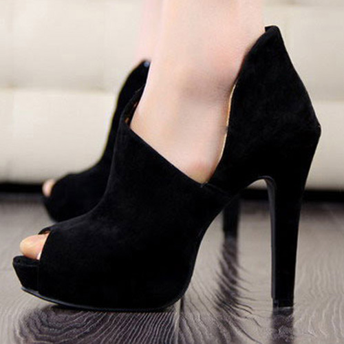 Fashion Round Peep Toe Side Cut Stiletto High Heels Black Suede Pumps ...