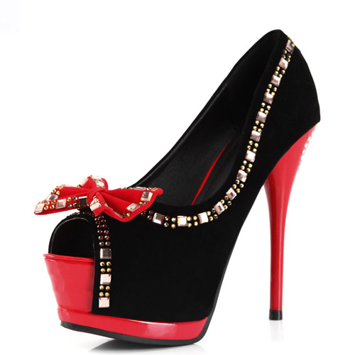 Charming Round Peep Toe Bow Tie Edging Diamond Embellished Stiletto ...