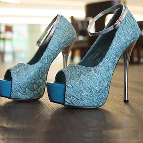 Elegant Round Peep Toe Exquisite Print Stiletto High Heels Blue Lace ...