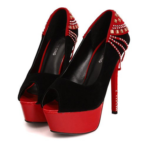 Sexy Round Closed Toe Back Rivet Embellished Stiletto High Heels Red ...