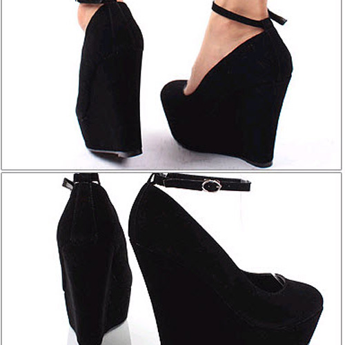 Elegant Round Closed Toe Super High Wedges Black Suede Ankle Strap ...