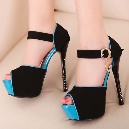 Fashion Platform Stiletto High Heels Blue Suede Ankle Strap Sandals ...