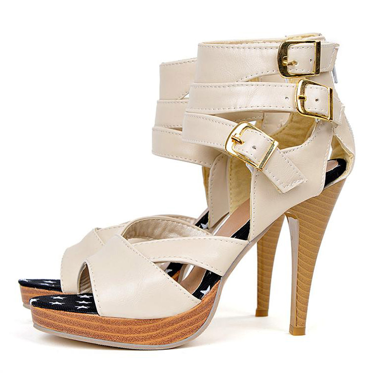 Fashion Buckle Straps Stiletto High Heels Beige PU Ankle Wrap Sandals ...