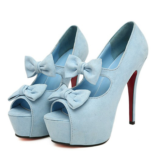 Fashion Hollow-out Bow Tie Embellished Stiletto High Heels Blue Suede ...
