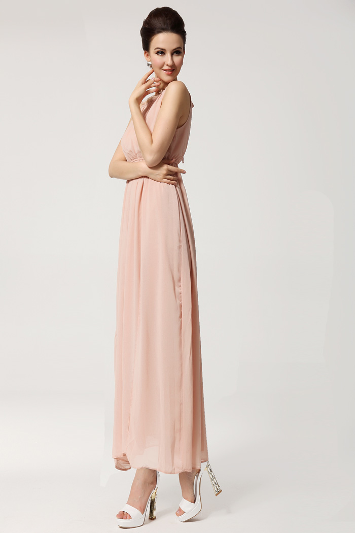 Bohemian Styles Pleated O Neck Sleeveless Pink Chiffon Ankle Length ...