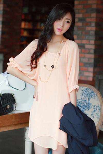 Fashion O Neck Half Sleeves Pink Chiffon Asymmetrical Knee Length Dress ...