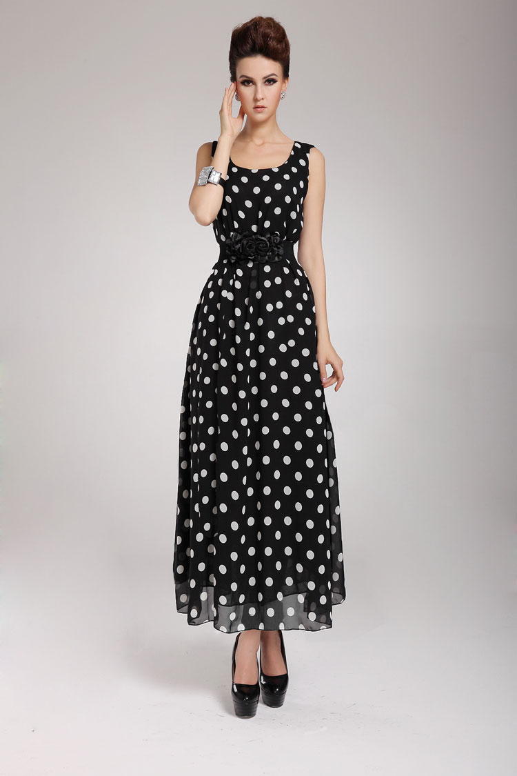 Fashion O Neck Polka Dots Sleeveless Black Chiffon Ankle Length Dress ...