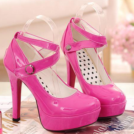 Fashion Round Closed Toe Chunky High Heels Pink PU Crossed Ankle Wrap ...