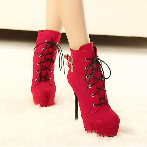 Winter Suede Round Toe Stiletto Super High Lace Up Ankle Buckle Martens ...