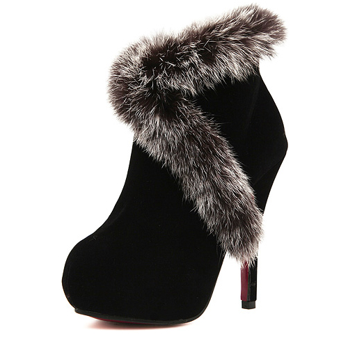 Winter Round Toe Stiletto High Heel Zipper Ankle Feathers Martens Boots ...