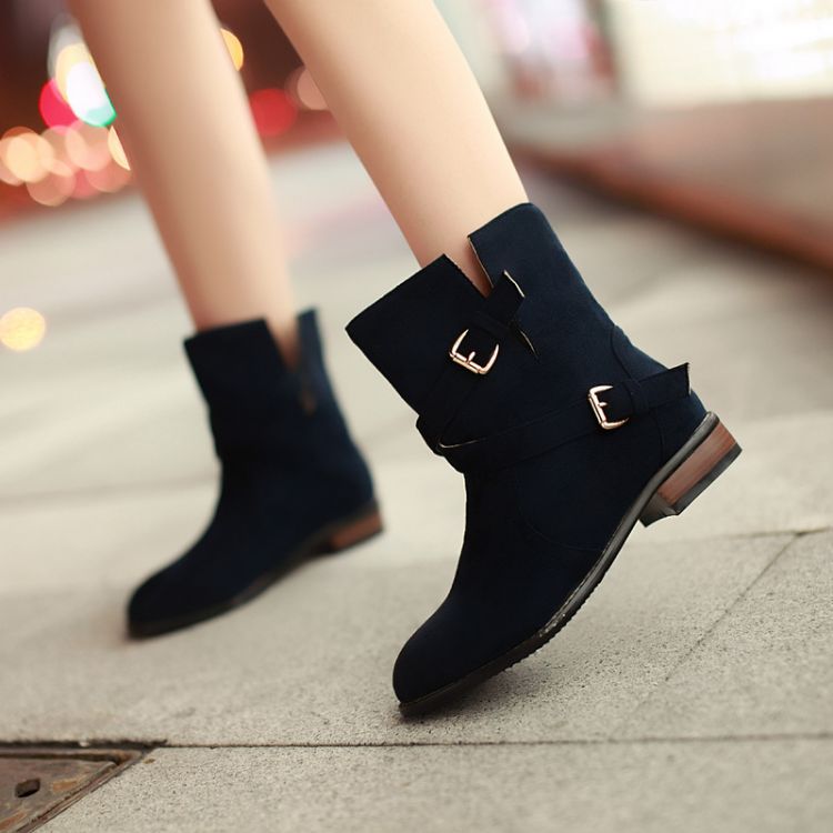 Spring Autumn Round Toe Chunky Mid Heel Blue PU Slip On Ankle Buckle ...